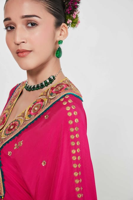 Buy_Siddhartha Bansal_Pink Silk, Crepe Sequins, Mirrors Plunge Rani Embroidered Kaftan And Palazzo Set 