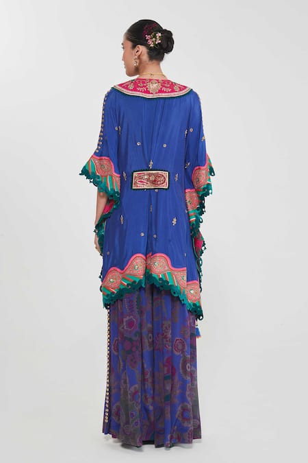 Shop_Siddhartha Bansal_Blue Silk, Crepe Mirrors, Sequins, Embroidery Plunge Neck Kaftan And Palazzo Set _at_Aza_Fashions