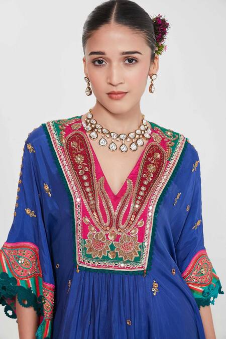 Siddhartha Bansal_Blue Silk, Crepe Mirrors, Sequins, Embroidery Plunge Neck Kaftan And Palazzo Set _Online_at_Aza_Fashions