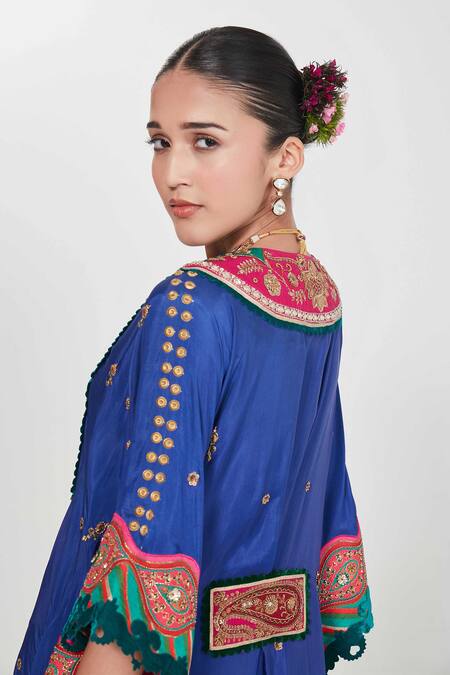 Shop_Siddhartha Bansal_Blue Silk, Crepe Mirrors, Sequins, Embroidery Plunge Neck Kaftan And Palazzo Set _Online_at_Aza_Fashions