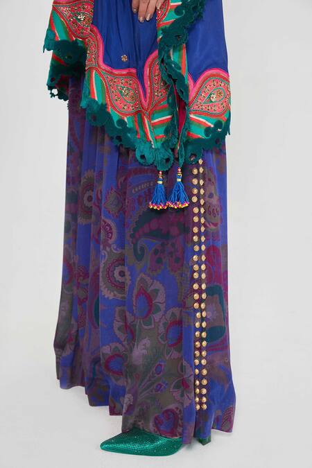 Siddhartha Bansal_Blue Silk, Crepe Mirrors, Sequins, Embroidery Plunge Neck Kaftan And Palazzo Set _at_Aza_Fashions