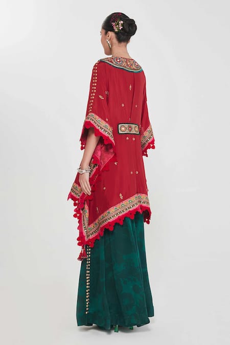 Siddhartha Bansal Cherry Red Embroidered Kaftan & Palazzo Set 