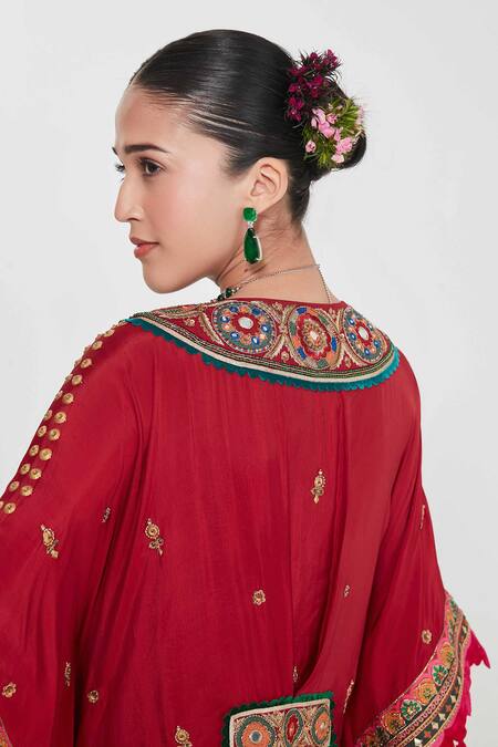 Siddhartha Bansal_Red Silk, Crepe Sequins, Mirrors V-neck Cherry Embroidered Kaftan And Palazzo Set _Online_at_Aza_Fashions