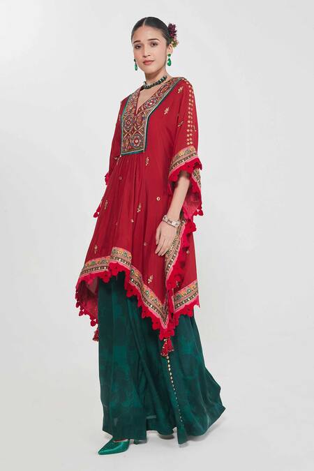 Buy_Siddhartha Bansal_Red Silk, Crepe Sequins, Mirrors V-neck Cherry Embroidered Kaftan And Palazzo Set _Online_at_Aza_Fashions