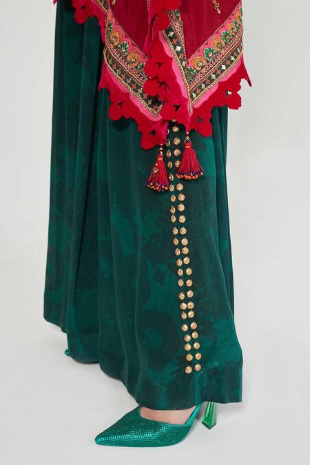 Shop_Siddhartha Bansal_Red Silk, Crepe Sequins, Mirrors V-neck Cherry Embroidered Kaftan And Palazzo Set _Online_at_Aza_Fashions
