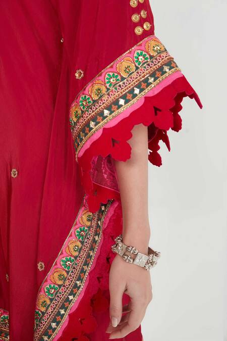 Siddhartha Bansal_Red Silk, Crepe Sequins, Mirrors V-neck Cherry Embroidered Kaftan And Palazzo Set _at_Aza_Fashions