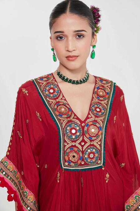 Buy_Siddhartha Bansal_Red Silk, Crepe Sequins, Mirrors V-neck Cherry Embroidered Kaftan And Palazzo Set 