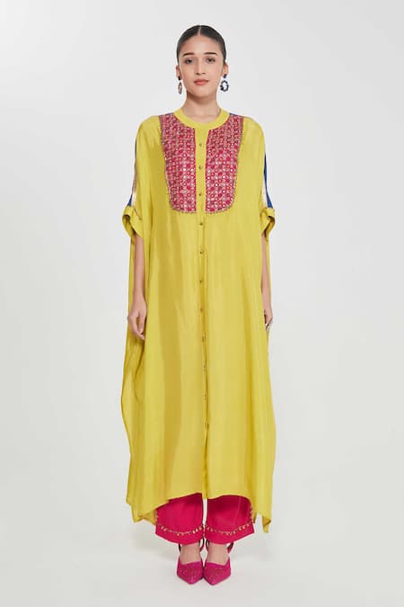 Shop_Siddhartha Bansal_Yellow Silk, Cotton Embroidery Round Neck Mirror Kurta And Pant Set _at_Aza_Fashions
