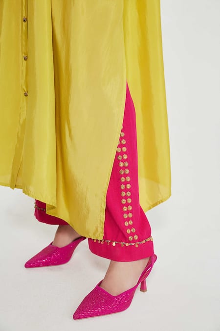 Shop_Siddhartha Bansal_Yellow Silk, Cotton Embroidery Round Neck Mirror Kurta And Pant Set _Online_at_Aza_Fashions