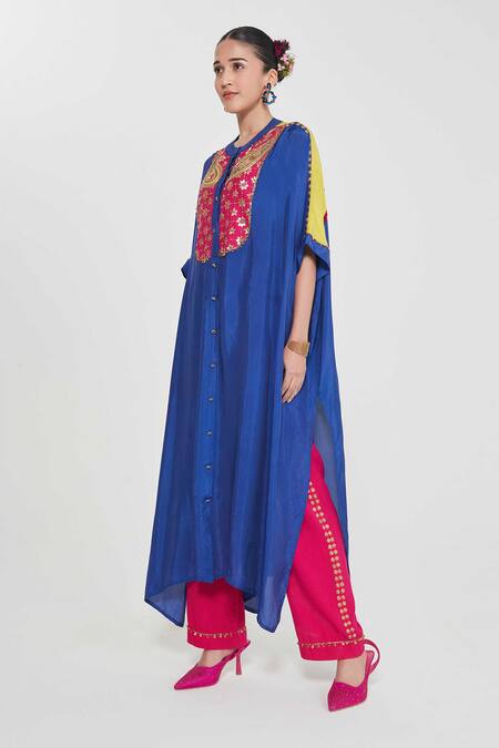 Siddhartha Bansal Blue Silk, Cotton Embroidery Round Neck Paisley Kurta Set Online at Aza Fashions Siddhartha Bansal_Blue Silk, Cotton Embroidery Round Neck Paisley Kurta Set _Online_at_Aza_Fashions