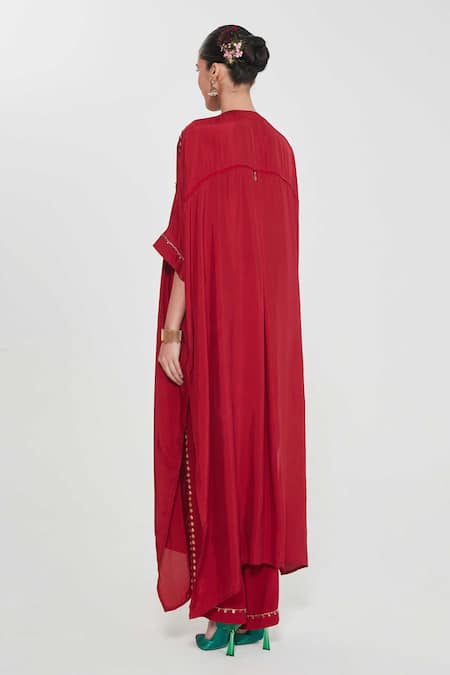 Shop_Siddhartha Bansal_Red Silk, Cotton Cut Work Round Neck Cherry Embroidered Kurta Set _at_Aza_Fashions