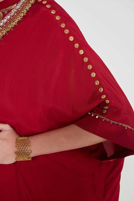 Shop_Siddhartha Bansal_Red Silk, Cotton Cut Work Round Neck Cherry Embroidered Kurta Set _Online_at_Aza_Fashions