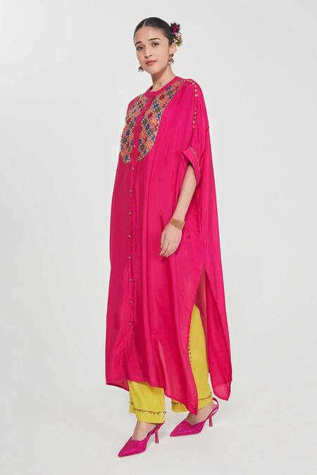 Siddhartha Bansal_Pink Silk, Cotton Embroidery Round Neck Rani Kurta Set _Online_at_Aza_Fashions