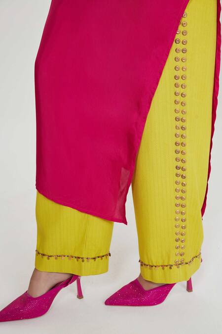 Shop_Siddhartha Bansal_Pink Silk, Cotton Embroidery Round Neck Rani Kurta Set _Online_at_Aza_Fashions