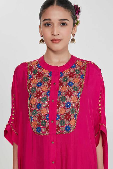 Siddhartha Bansal_Pink Silk, Cotton Embroidery Round Neck Rani Kurta Set _at_Aza_Fashions