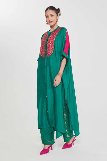 Siddhartha Bansal Emerald Green Silk, Cotton Beads, Sequins Round Neck Embroidered Kurta Set Online at Aza Fashions Siddhartha Bansal_Emerald Green Silk, Cotton Beads, Sequins Round Neck Embroidered Kurta Set _Online_at_Aza_Fashions