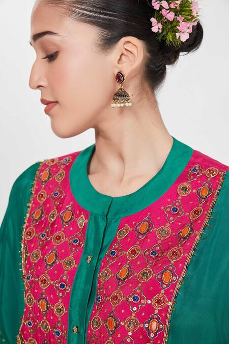 Buy Siddhartha Bansal Emerald Green Silk, Cotton Beads, Sequins Round Neck Embroidered Kurta Set Buy_Siddhartha Bansal_Emerald Green Silk, Cotton Beads, Sequins Round Neck Embroidered Kurta Set