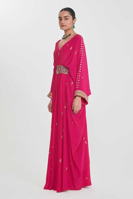Siddhartha Bansal_Pink Crepe Studs, Embroidery V-neck Rani Pleated Kaftan With Embellishments _Online_at_Aza_Fashions