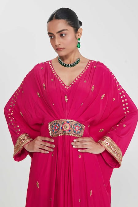Buy_Siddhartha Bansal_Pink Crepe Studs, Embroidery V-neck Rani Pleated Kaftan With Embellishments _Online_at_Aza_Fashions