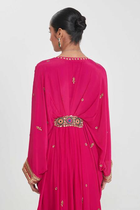 Shop_Siddhartha Bansal_Pink Crepe Studs, Embroidery V-neck Rani Pleated Kaftan With Embellishments _Online_at_Aza_Fashions