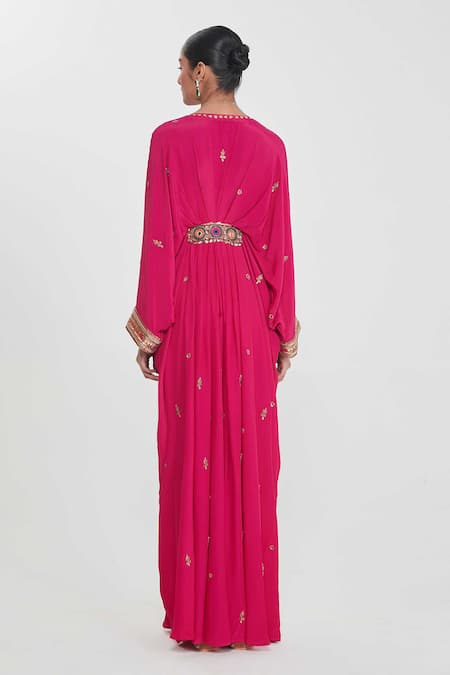 Shop_Siddhartha Bansal_Pink Crepe Studs, Embroidery V-neck Rani Pleated Kaftan With Embellishments _at_Aza_Fashions