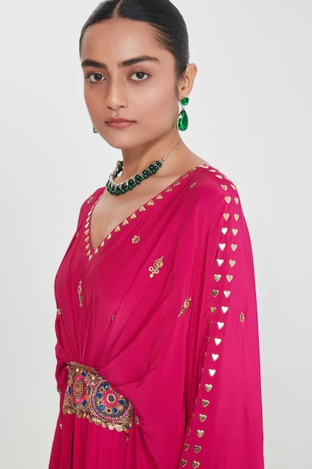 Siddhartha Bansal_Pink Crepe Studs, Embroidery V-neck Rani Pleated Kaftan With Embellishments _at_Aza_Fashions