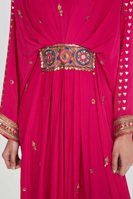 Buy_Siddhartha Bansal_Pink Crepe Studs, Embroidery V-neck Rani Pleated Kaftan With Embellishments 