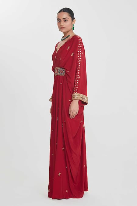 Siddhartha Bansal_Red Crepe Sequins, Beads, Studs V-neck Cherry Embroidered Kaftan _Online_at_Aza_Fashions