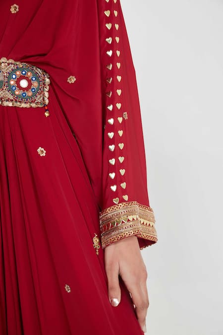 Buy_Siddhartha Bansal_Red Crepe Sequins, Beads, Studs V-neck Cherry Embroidered Kaftan _Online_at_Aza_Fashions