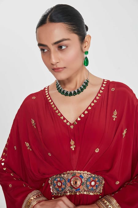 Shop_Siddhartha Bansal_Red Crepe Sequins, Beads, Studs V-neck Cherry Embroidered Kaftan _Online_at_Aza_Fashions