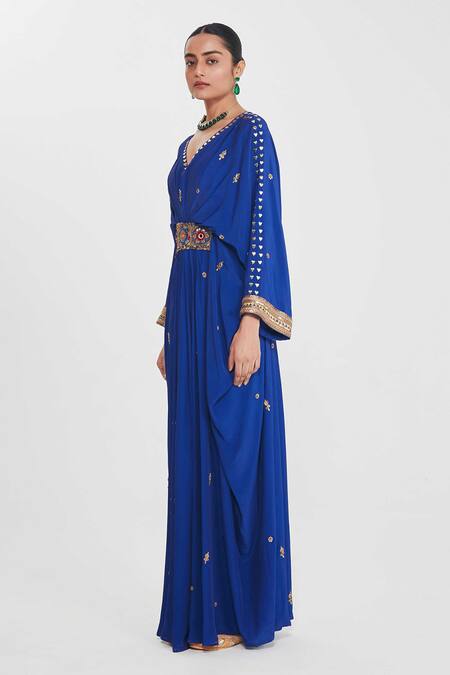 Siddhartha Bansal_Blue Crepe Sequins, Beads, Studs Pleated Kaftan With Embellished Waistband _Online_at_Aza_Fashions