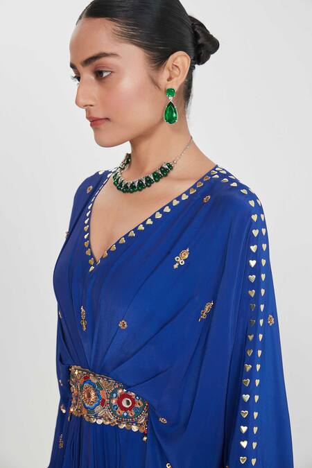 Buy_Siddhartha Bansal_Blue Crepe Sequins, Beads, Studs Pleated Kaftan With Embellished Waistband _Online_at_Aza_Fashions