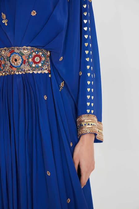Shop_Siddhartha Bansal_Blue Crepe Sequins, Beads, Studs Pleated Kaftan With Embellished Waistband _Online_at_Aza_Fashions