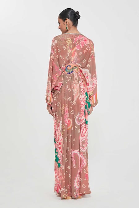 Shop Siddhartha Bansal Pink Crepe Beads, Embroidery V-neck Blush Paisley Print Kaftan at Aza Fashions Shop_Siddhartha Bansal_Pink Crepe Beads, Embroidery V-neck Blush Paisley Print Kaftan _at_Aza_Fashions