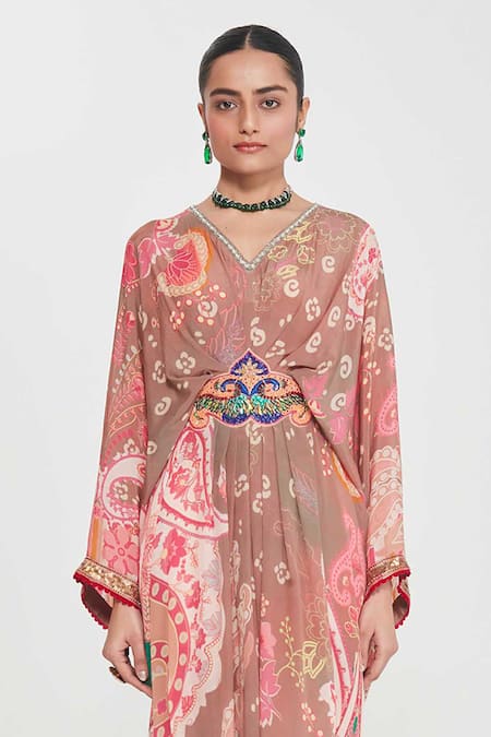 Siddhartha Bansal Pink Crepe Beads, Embroidery V-neck Blush Paisley Print Kaftan Online at Aza Fashions Siddhartha Bansal_Pink Crepe Beads, Embroidery V-neck Blush Paisley Print Kaftan _Online_at_Aza_Fashions