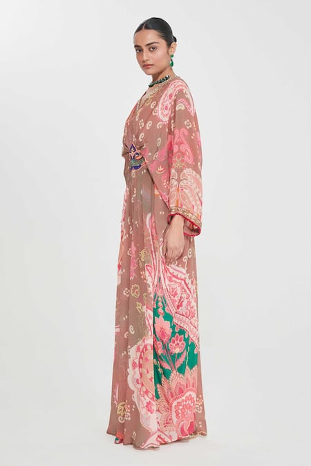 Buy Siddhartha Bansal Pink Crepe Beads, Embroidery V-neck Blush Paisley Print Kaftan Online at Aza Fashions Buy_Siddhartha Bansal_Pink Crepe Beads, Embroidery V-neck Blush Paisley Print Kaftan _Online_at_Aza_Fashions