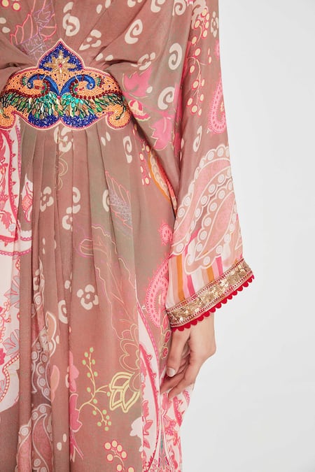 Shop Siddhartha Bansal Pink Crepe Beads, Embroidery V-neck Blush Paisley Print Kaftan Online at Aza Fashions Shop_Siddhartha Bansal_Pink Crepe Beads, Embroidery V-neck Blush Paisley Print Kaftan _Online_at_Aza_Fashions