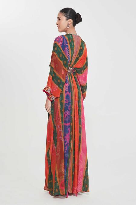 Shop_Siddhartha Bansal_Multi Color Crepe Sequins V-neck Multicolor Embroidered Kaftan _at_Aza_Fashions