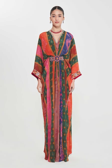 Siddhartha Bansal_Multi Color Crepe Sequins V-neck Multicolor Embroidered Kaftan _Online_at_Aza_Fashions