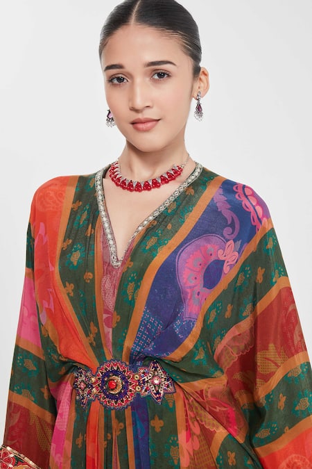 Buy_Siddhartha Bansal_Multi Color Crepe Sequins V-neck Multicolor Embroidered Kaftan _Online_at_Aza_Fashions