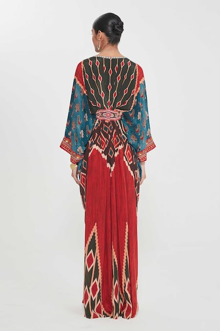 Shop_Siddhartha Bansal_Multi Color Crepe Cut Work, Sequins, Multicolor Ikat Print Embroidered Kaftan _at_Aza_Fashions