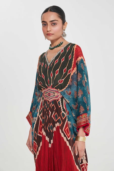 Siddhartha Bansal_Multi Color Crepe Cut Work, Sequins, Multicolor Ikat Print Embroidered Kaftan _Online_at_Aza_Fashions