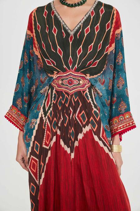 Buy_Siddhartha Bansal_Multi Color Crepe Cut Work, Sequins, Multicolor Ikat Print Embroidered Kaftan _Online_at_Aza_Fashions