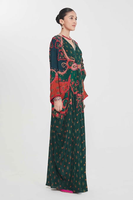 Siddhartha Bansal_Green Crepe Tassels, Embroidery V-neck Paisley Printed Kaftan _Online_at_Aza_Fashions