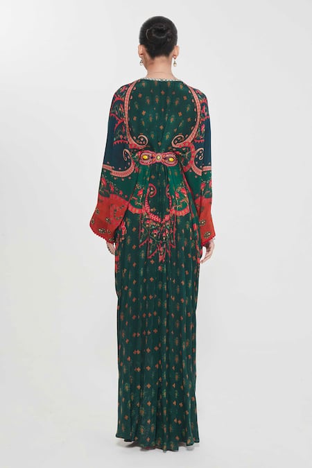 Shop_Siddhartha Bansal_Green Crepe Tassels, Embroidery V-neck Paisley Printed Kaftan _at_Aza_Fashions