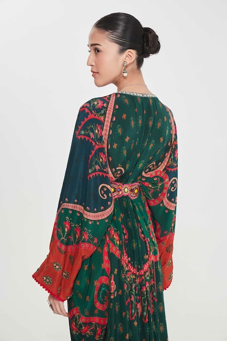 Buy_Siddhartha Bansal_Green Crepe Tassels, Embroidery V-neck Paisley Printed Kaftan _Online_at_Aza_Fashions