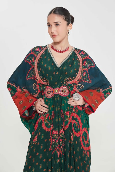 Shop_Siddhartha Bansal_Green Crepe Tassels, Embroidery V-neck Paisley Printed Kaftan _Online_at_Aza_Fashions