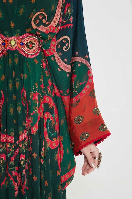 Siddhartha Bansal_Green Crepe Tassels, Embroidery V-neck Paisley Printed Kaftan _at_Aza_Fashions
