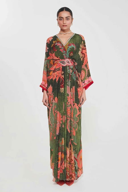 Siddhartha Bansal_Multi Color Crepe Embroidery V-neck Multicolor Paisley Print Kaftan _Online_at_Aza_Fashions