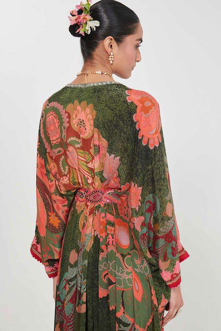 Buy_Siddhartha Bansal_Multi Color Crepe Embroidery V-neck Multicolor Paisley Print Kaftan _Online_at_Aza_Fashions
